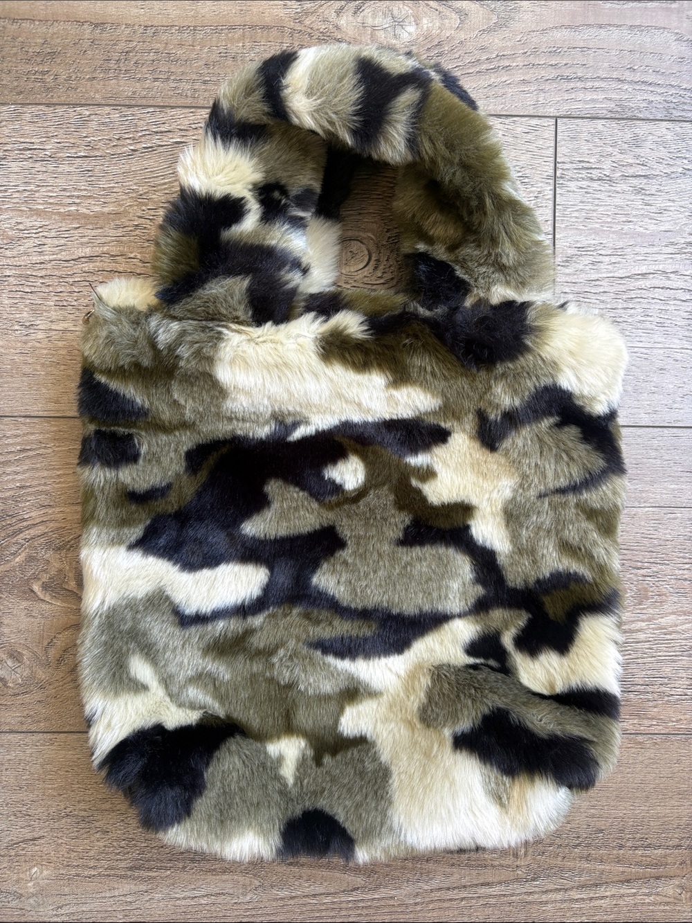 Pam & Gela Faux Fur Camo Print Tote Bag- Olive Green, Black & Cream